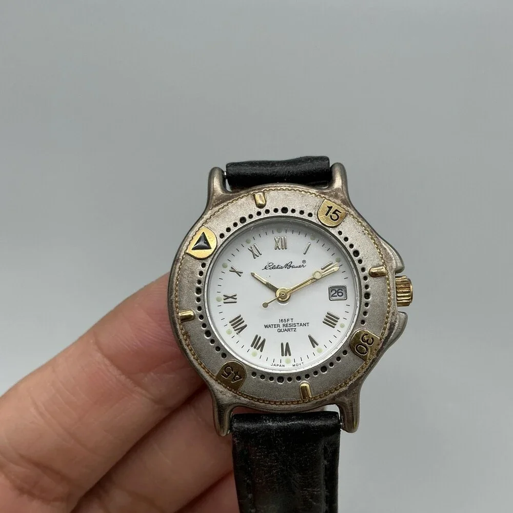 Eddie Bauer V102 Womens Watch 30mm White Dial Black Leather Date New Battery